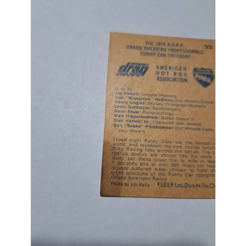 Vintage 1971 Fleer AHRA Grand American Professionals #22 Trading Card Race Car